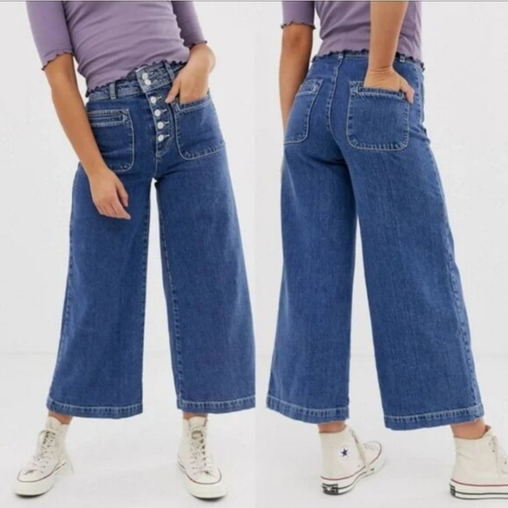 Free People Blue High-Waist Wide Leg Button-Front Jeans